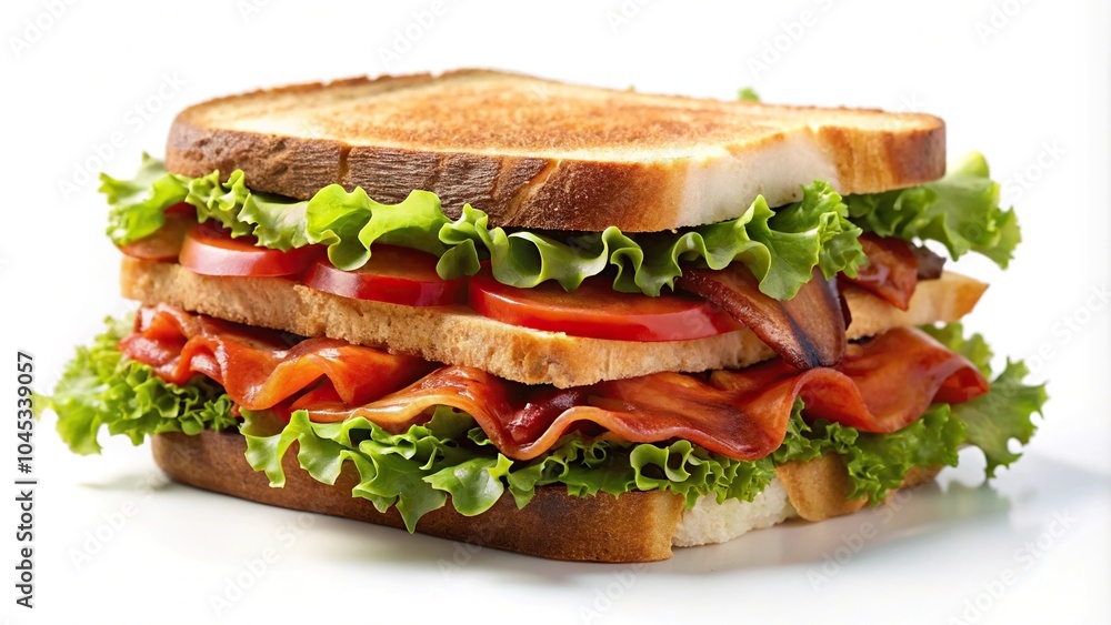 Classic BLT sandwich with bacon, lettuce, tomato, and mayonnaise on toasted bread on white background Classic BLT sandwich with bacon, lettuce, tomato, and mayonnaise on toasted bread on white background