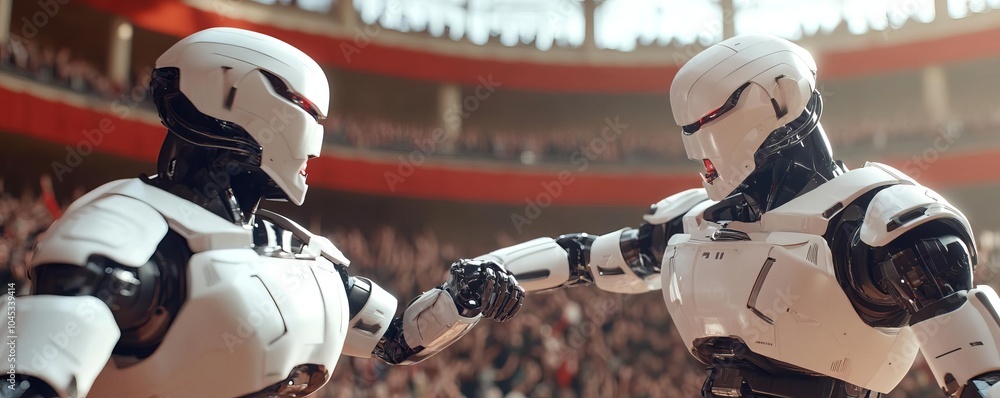 Futuristic robot gladiators battling in an arena filled with cheering crowds Futuristic robot gladiators battling in an arena filled with cheering crowds