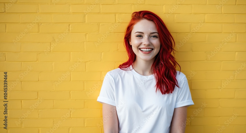 redhead young woman yellow background wearing plain white tshirt smiling happy portrait redhead young woman yellow background wearing plain white tshirt smiling happy portrait