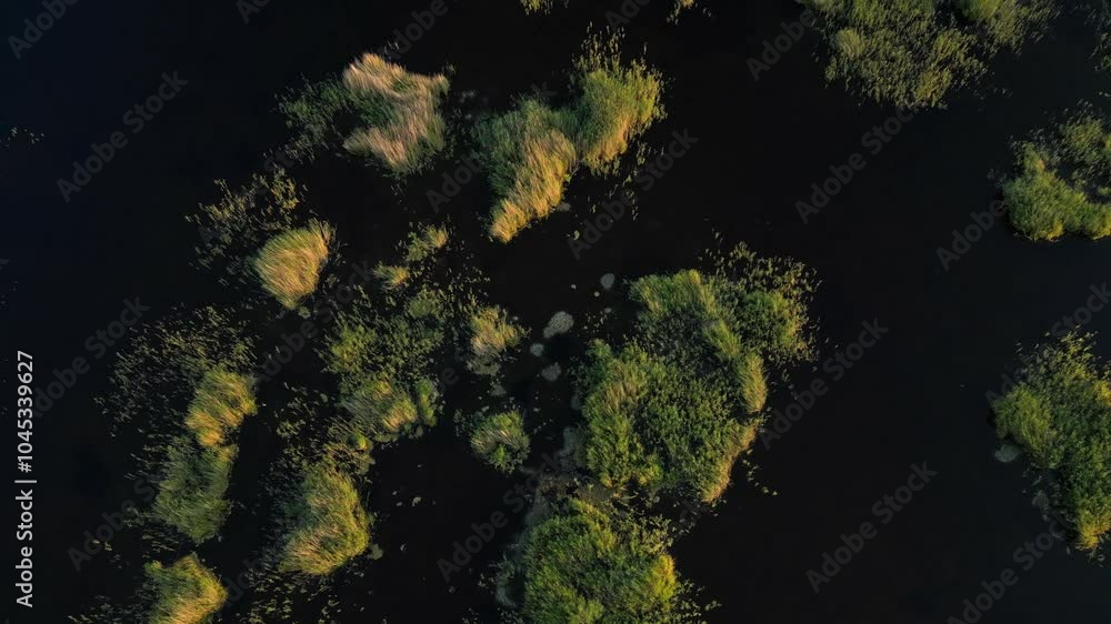 Aerial view of vibrant greenery and marshes in Semigallia, Latvia. Capturing the lush wetlands with clusters of grass and plants spread over calm waters.A peaceful scene of untouched nature from above Aerial view of vibrant greenery and marshes in Semigallia, Latvia. Capturing the lush wetlands with clusters of grass and plants spread over calm waters.A peaceful scene of untouched nature from above