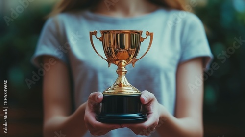 Close-up of a Female student holding a gold trophy award for achievement.