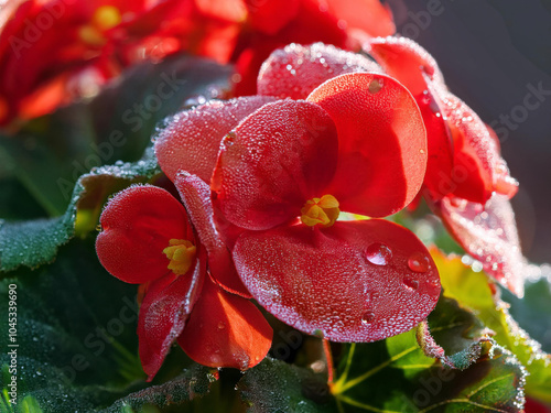 red flower with dew drops