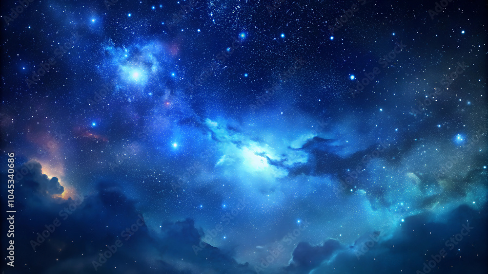 Fototapeta premium Starry night sky with clouds and blue cosmic colors 