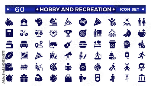 Hobby and recreation solid icons collection. Hobbies for children and adults at home and outdoors. Sports, diving, dancing, reading, drawing, music and singing, collecting, chess, astronomy.