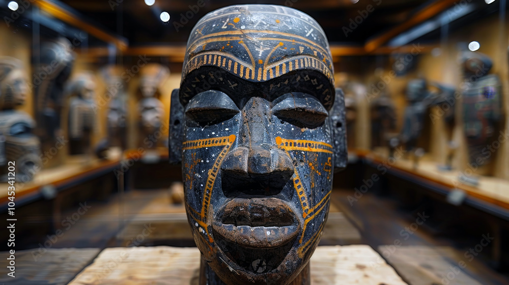 In a museum, an exhibit showcases traditional African masks, displayed under soft lighting to accentuate their bold forms and intricate designs. In a museum, an exhibit showcases traditional African masks, displayed under soft lighting to accentuate their bold forms and intricate designs.