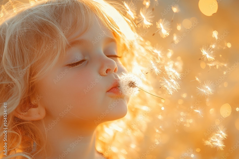 Fototapeta premium Blond haired girl blowing dandelion seeds in golden sunlight