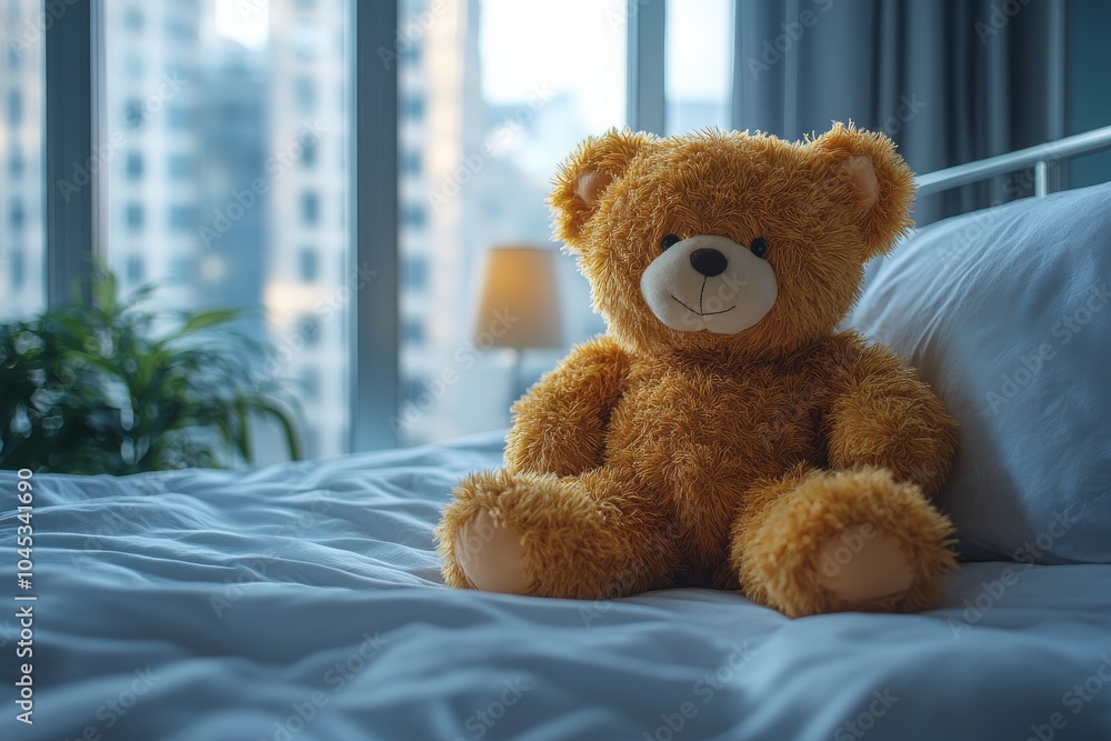 Soft toy teddy bear close-up on bed against cozy room background. Home atmosphere, toy Soft toy teddy bear close-up on bed against cozy room background. Home atmosphere, toy