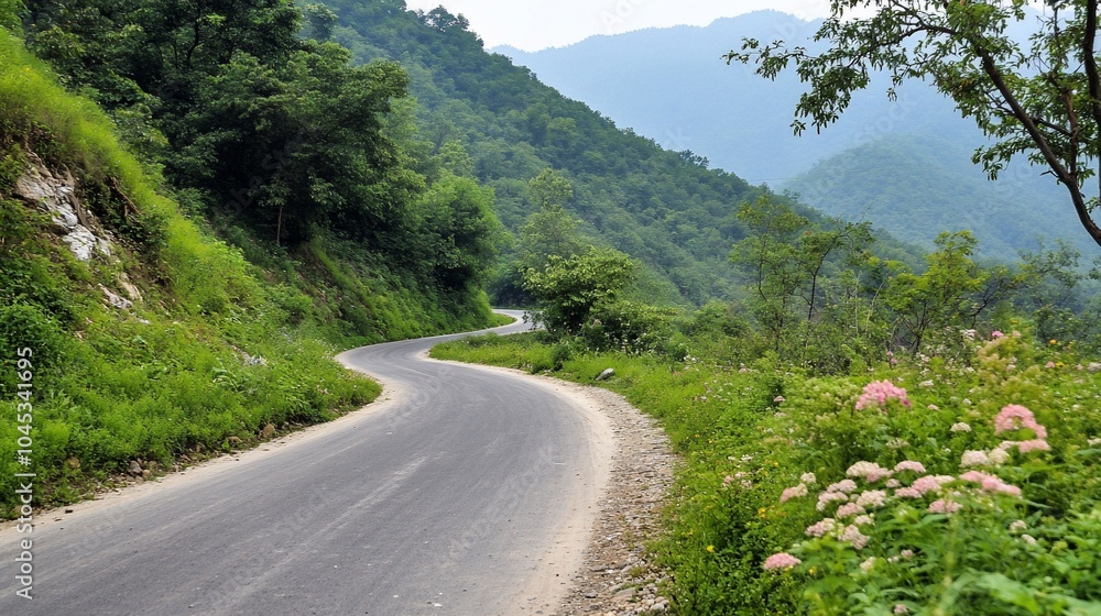 A winding road through lush greenery and blooming flowers in nature. A winding road through lush greenery and blooming flowers in nature.