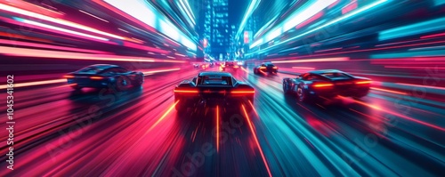 Futuristic robots racing through a neon-lit city, sparks flying as they collide