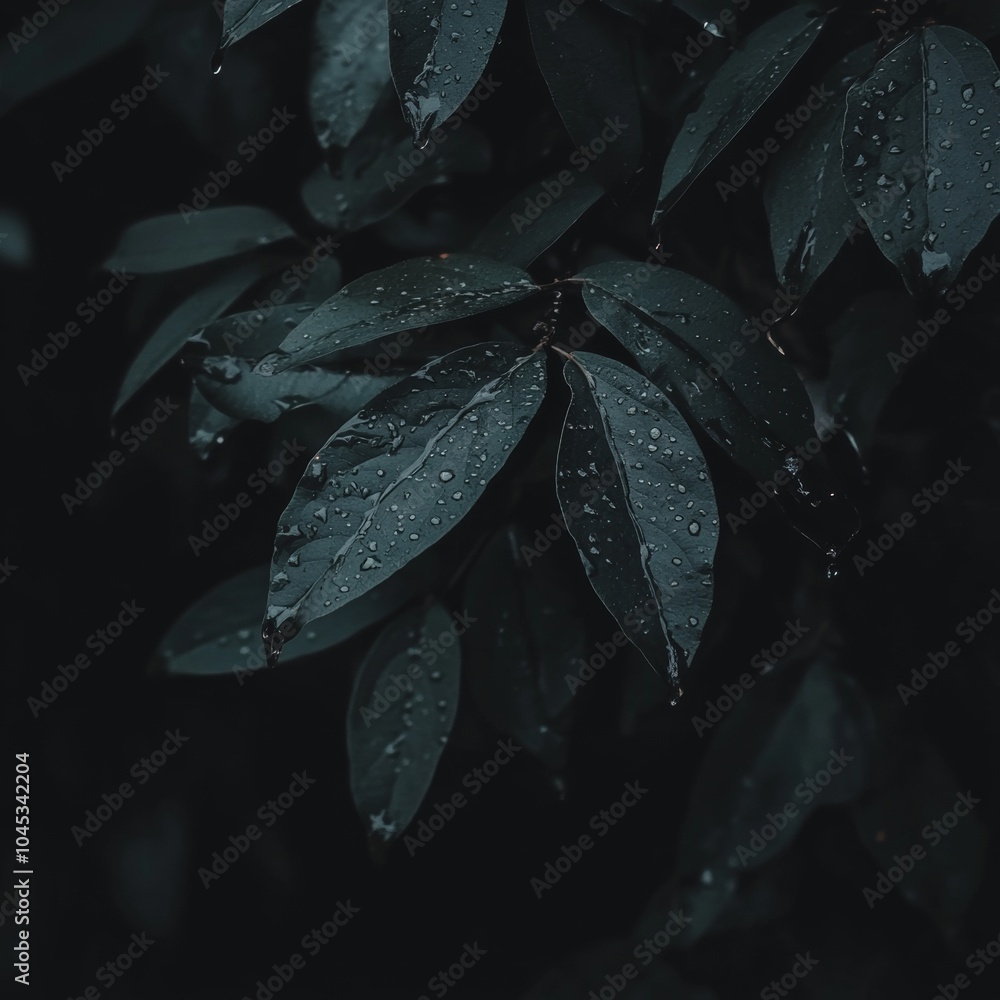 Fototapeta premium Dark Green Leaves with Water Drops, Moody Botanical Background, Nature Texture, Close-Up