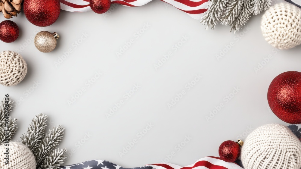 Naklejka premium A festive border featuring red, white, and gold ornaments, along with natural elements, perfect for holiday-themed designs or decorations.