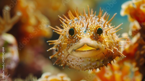 Stunning yellow and orange porcupinefish gracefully swimming among vibrant coral reef. Showcasing intricate spines and scales photo