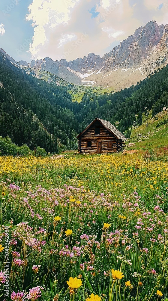 Rustic log cabin in a mountain landscape Rustic log cabin in a mountain landscape
