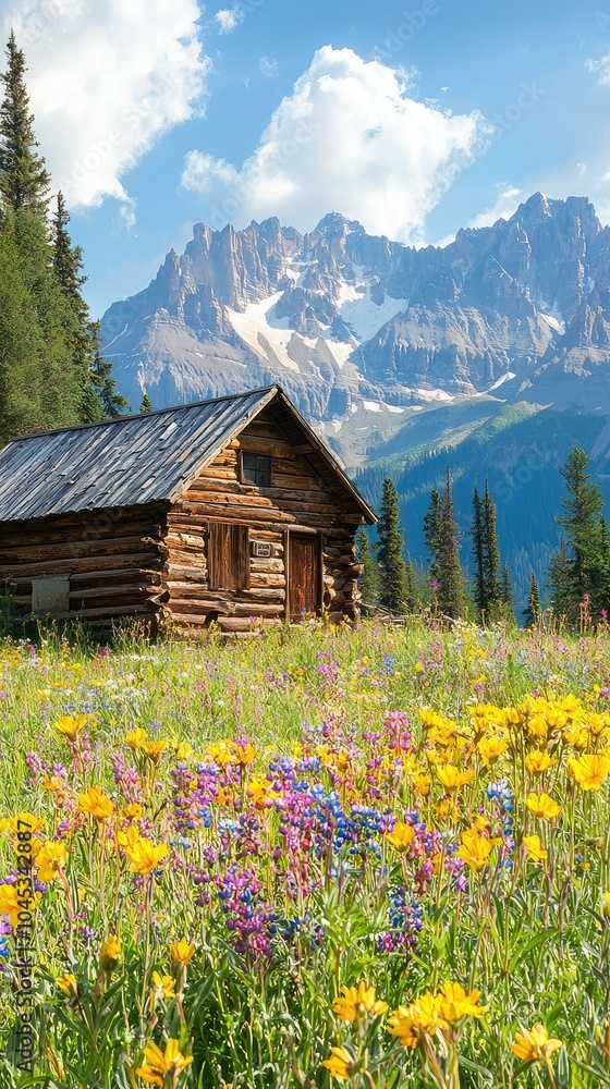 Fototapeta premium Rustic Log Cabin Surrounded by Colorful Wildflowers