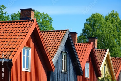 Swedish House. Charm of Old Swedish Wooden Houses Against Blue Sky