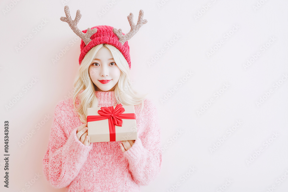 Cheerful Woman Holding Gift in Festive Red Hat on White Background Cheerful Woman Holding Gift in Festive Red Hat on White Background