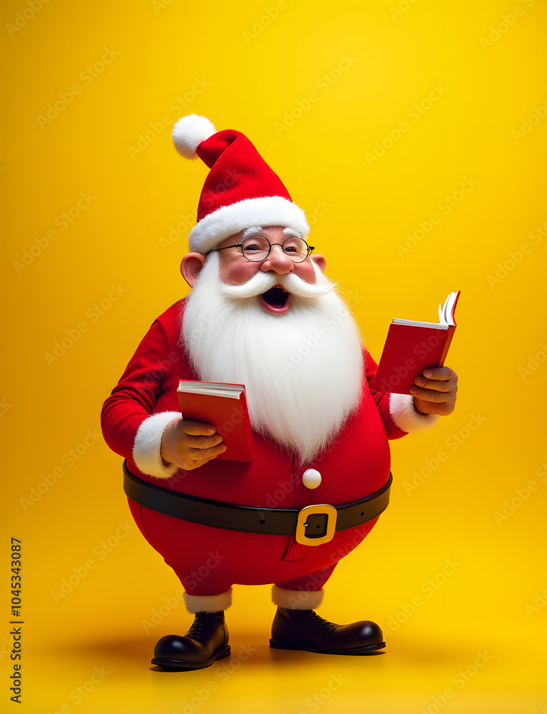 Obraz premium Grandfather in red hat celebrates Christmas and sings carols wearing a funky outfit and big belly on a yellow colored background.