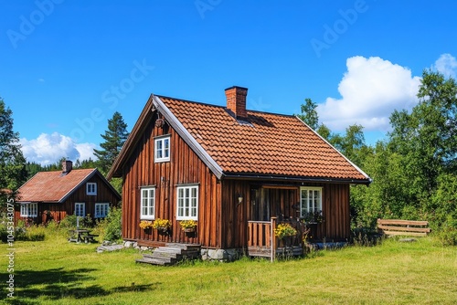 Swedish House. Historic Scandinavian Wooden Houses in Charming Town