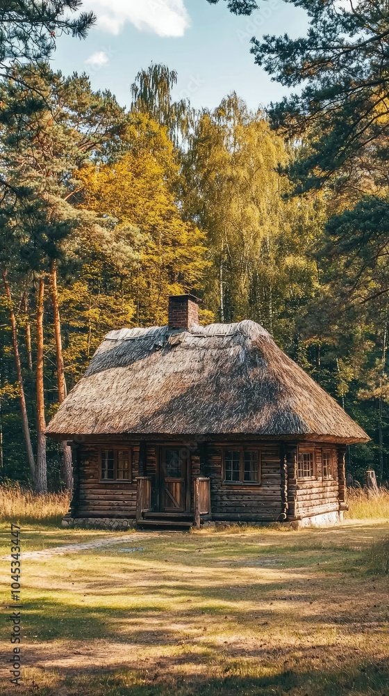 Rustic Wooden Cabin with Thatched Roof in Forest Rustic Wooden Cabin with Thatched Roof in Forest