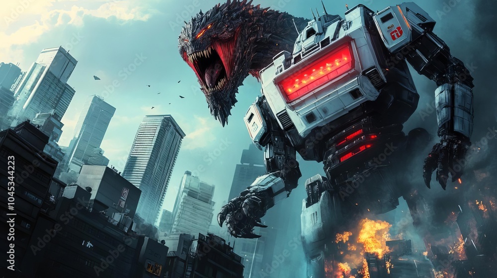 Giant robot protecting a futuristic city from a colossal alien creature, towering above the buildings Giant robot protecting a futuristic city from a colossal alien creature, towering above the buildings