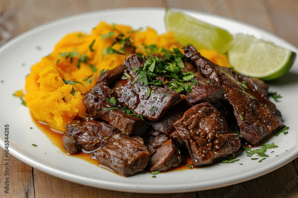A plate of carne de sol, sun-dried beef served with mashed cassava, garnished with fresh herbs and lime wedges A plate of carne de sol, sun-dried beef served with mashed cassava, garnished with fresh herbs and lime wedges