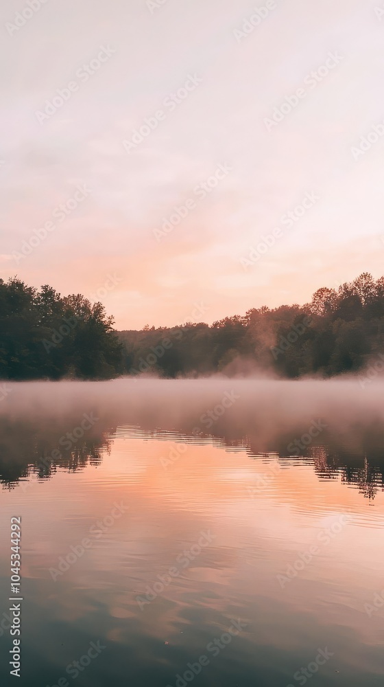 Misty Lake at Sunrise with Serene Reflections Misty Lake at Sunrise with Serene Reflections