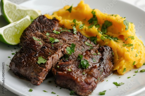 A plate of carne de sol, sun-dried beef served with mashed cassava, garnished with fresh herbs and lime wedges