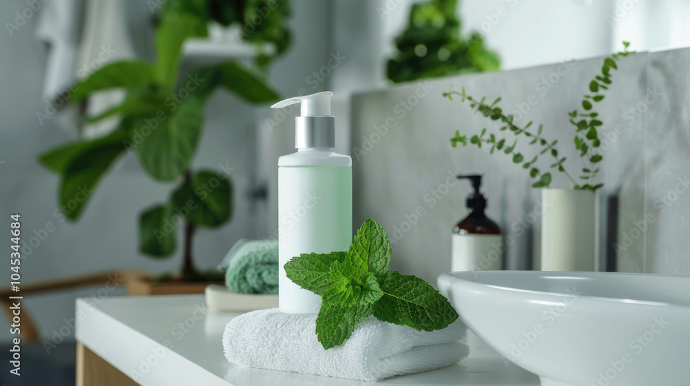 A scalp exfoliation product in a modern bathroom, with fresh mint leaves and tea tree oil for a refreshing sensation A scalp exfoliation product in a modern bathroom, with fresh mint leaves and tea tree oil for a refreshing sensation