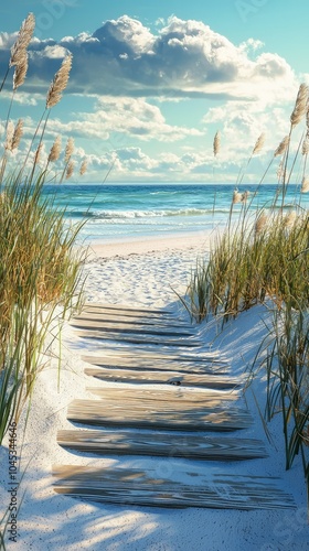 Serene Beachside Pathway of Wooden Planks photo