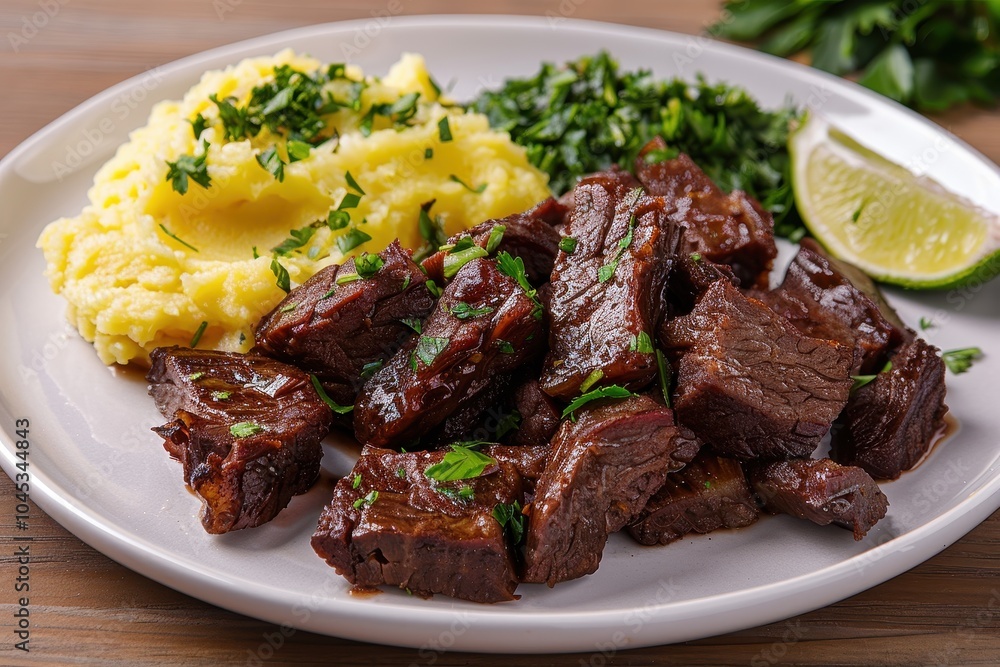 A plate of carne de sol, sun-dried beef served with mashed cassava, garnished with fresh herbs and lime wedges A plate of carne de sol, sun-dried beef served with mashed cassava, garnished with fresh herbs and lime wedges