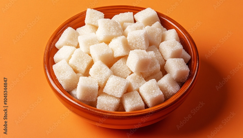 A bowl filled with white sugar cubes on an orange background highlighting the sweetness and versatility of sugar in cooking and baking A bowl filled with white sugar cubes on an orange background highlighting the sweetness and versatility of sugar in cooking and baking