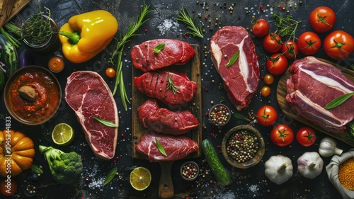 Wallpaper Mural Fresh ingredients for a gourmet meal: assorted raw meats, vegetables, carnivore diet Torontodigital.ca