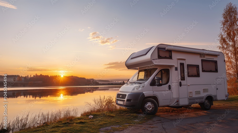 Scenic sunset view with a camper parked near a tranquil lake. Perfect for travel and adventure themes. Scenic sunset view with a camper parked near a tranquil lake. Perfect for travel and adventure themes.