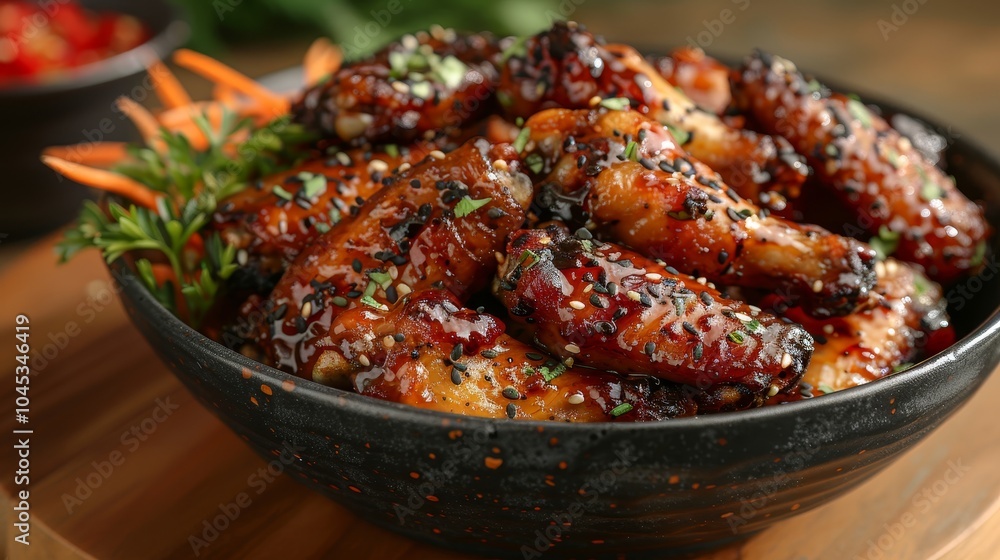 Close-Up of Delicious, Juicy, Spicy Glazed Chicken Wings in Black Bowl, Perfect for Food Photography Close-Up of Delicious, Juicy, Spicy Glazed Chicken Wings in Black Bowl, Perfect for Food Photography