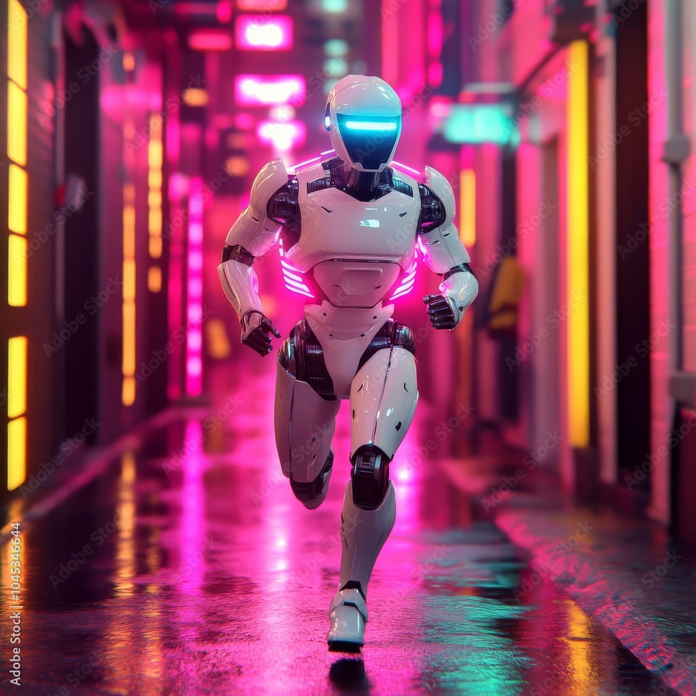 Humanoid robot running through a cyberpunk alley, neon lights reflecting off the wet streets Humanoid robot running through a cyberpunk alley, neon lights reflecting off the wet streets