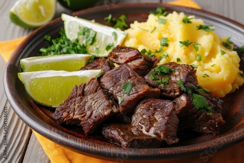 A plate of carne de sol, sun-dried beef served with mashed cassava, garnished with fresh herbs and lime wedges