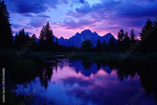 Teton National Park, Grand Mountain Landscape with Snake River at Schwabachers Landing photo