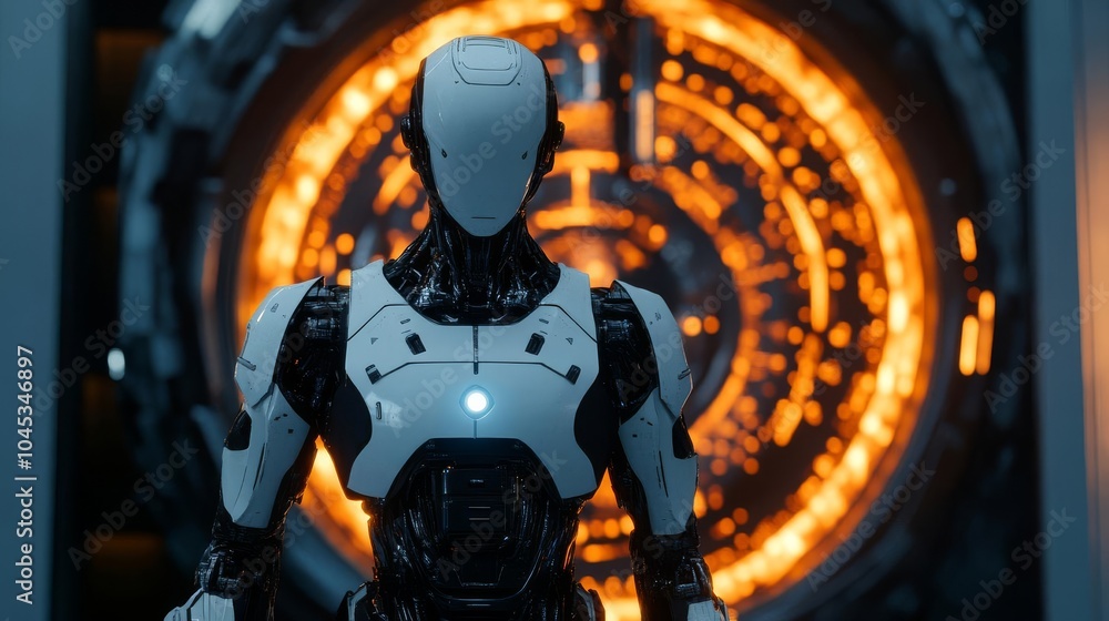 Humanoid robot standing in front of a giant alien machine, glowing with ancient power Humanoid robot standing in front of a giant alien machine, glowing with ancient power