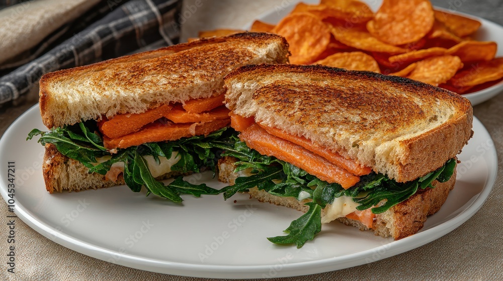 Grilled cheese sandwich with rutabaga, carrot, and arugula, side of chips, high-resolution photo Grilled cheese sandwich with rutabaga, carrot, and arugula, side of chips, high-resolution photo