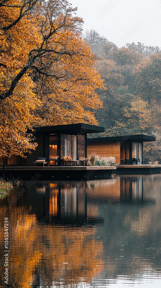 Fototapeta premium Serene River Retreat with Minimalist Wooden Cabins