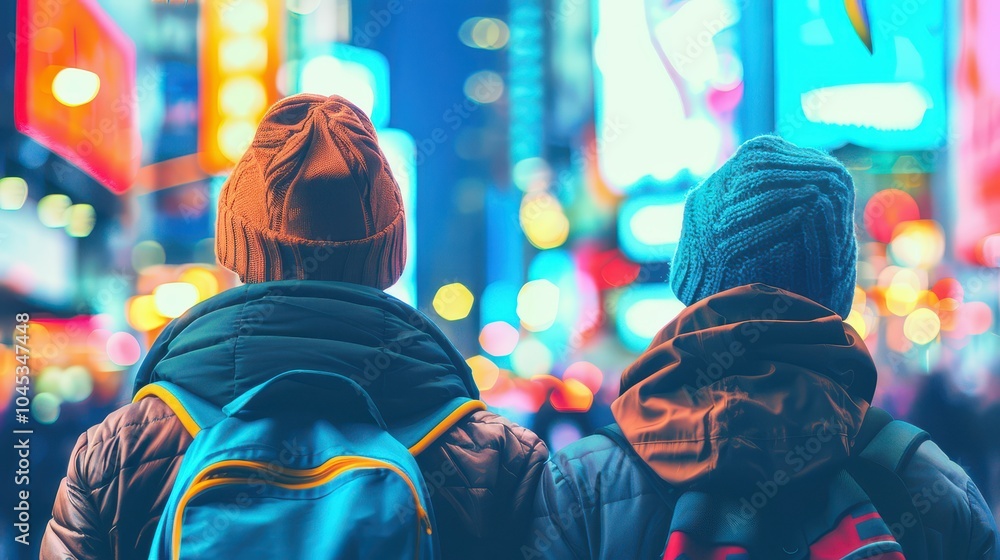 Obraz premium Two individuals explore a vibrant cityscape filled with colorful lights and dynamic energy, enjoying their urban adventure.