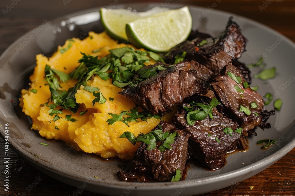 A plate of carne de sol, sun-dried beef served with mashed cassava, garnished with fresh herbs and lime wedges A plate of carne de sol, sun-dried beef served with mashed cassava, garnished with fresh herbs and lime wedges