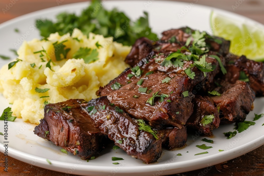 A plate of carne de sol, sun-dried beef served with mashed cassava, garnished with fresh herbs and lime wedges A plate of carne de sol, sun-dried beef served with mashed cassava, garnished with fresh herbs and lime wedges