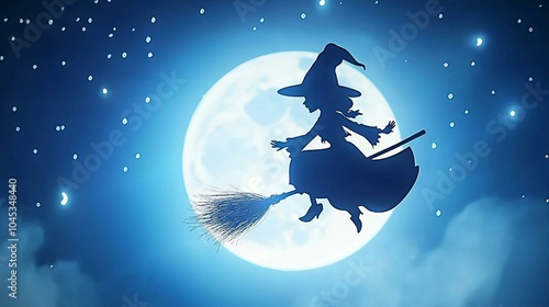 Enchanting Witch Flying Under a Full Moon: A Magical Night Scene