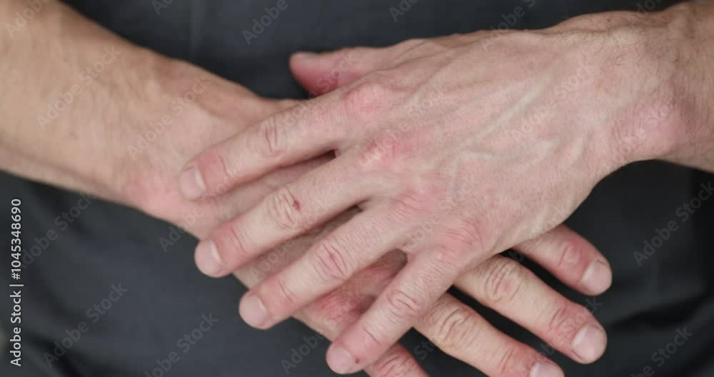 Man touches hand suffering from acute pain in joints slow motion. Young guy experiences painful symptoms in arms caused by rare disease Man touches hand suffering from acute pain in joints slow motion. Young guy experiences painful symptoms in arms caused by rare disease