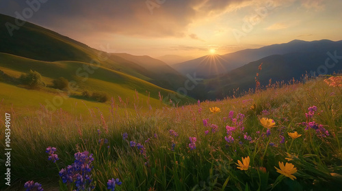 Summer sunrise in a mountain valley in Slovakia, with rolling hills and vibrant wildflowers in the morning light