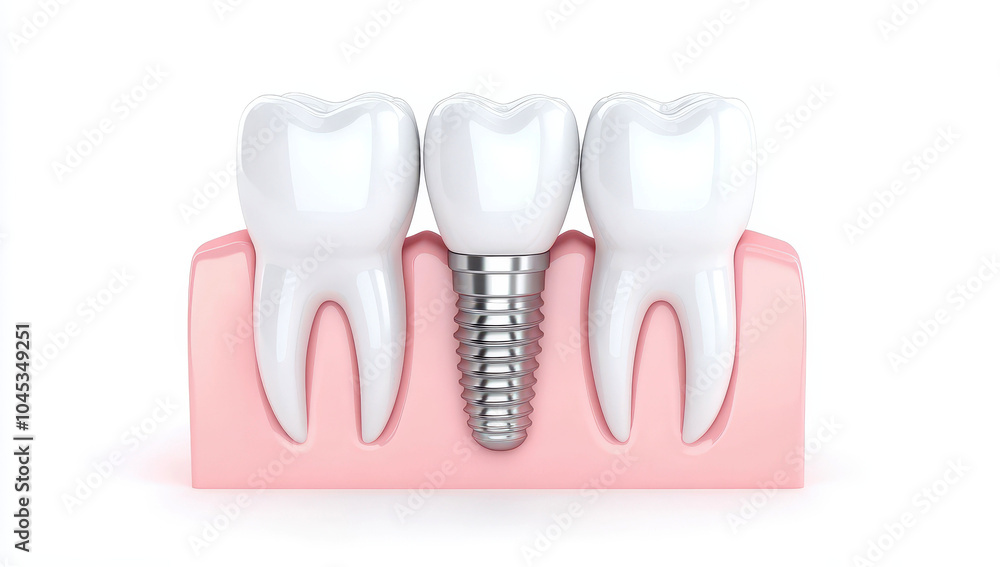3D rendered illustration of a dental implant and two natural teeth 3D rendered illustration of a dental implant and two natural teeth