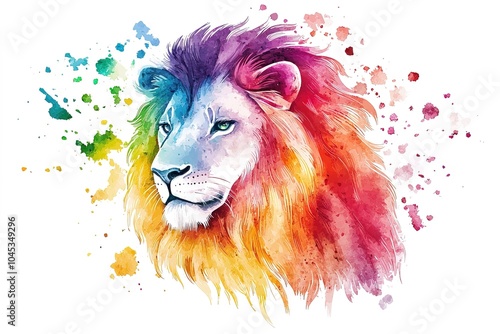 watercolor multicolored portrait of lion with splashes isolated on white background photo