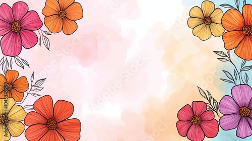 Intricately hand-drawn petals of various garden flowers floating across a soft watercolor background