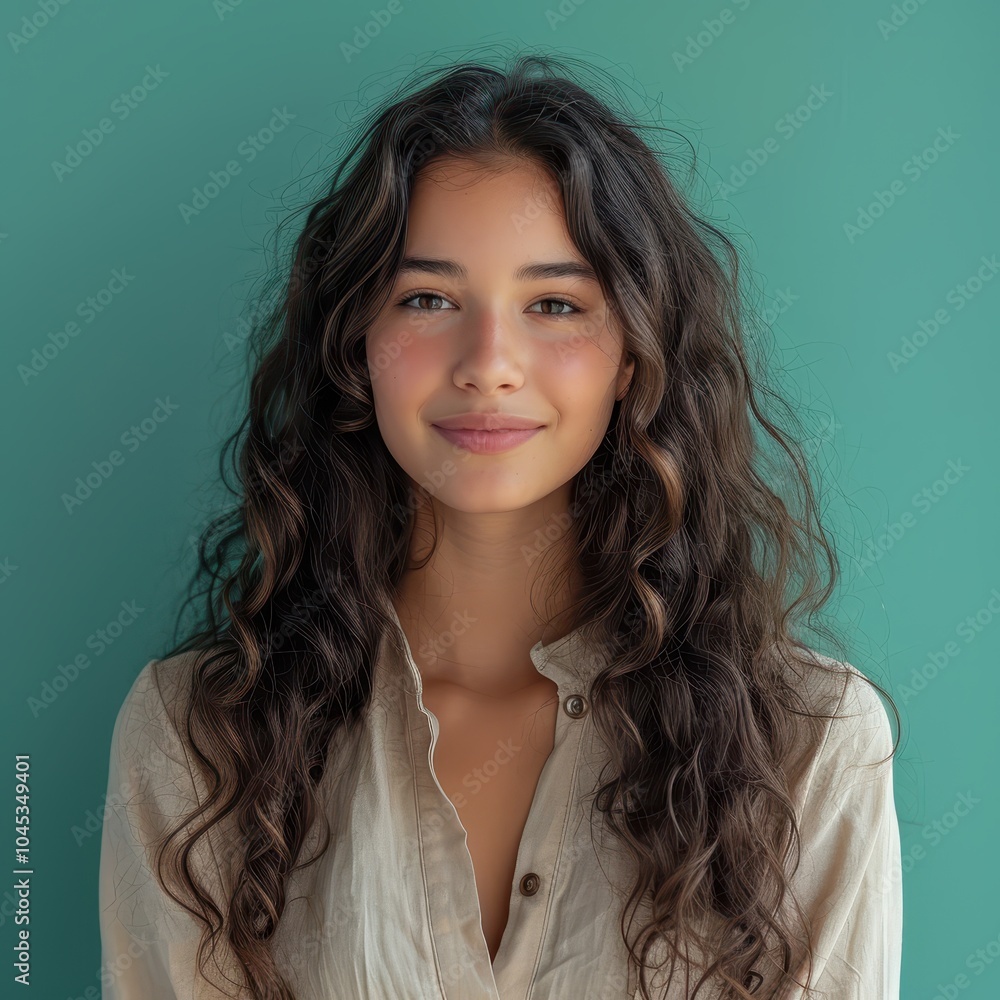 Fototapeta premium Portrait of a happy Middle Eastern teenage girl with long curly hair